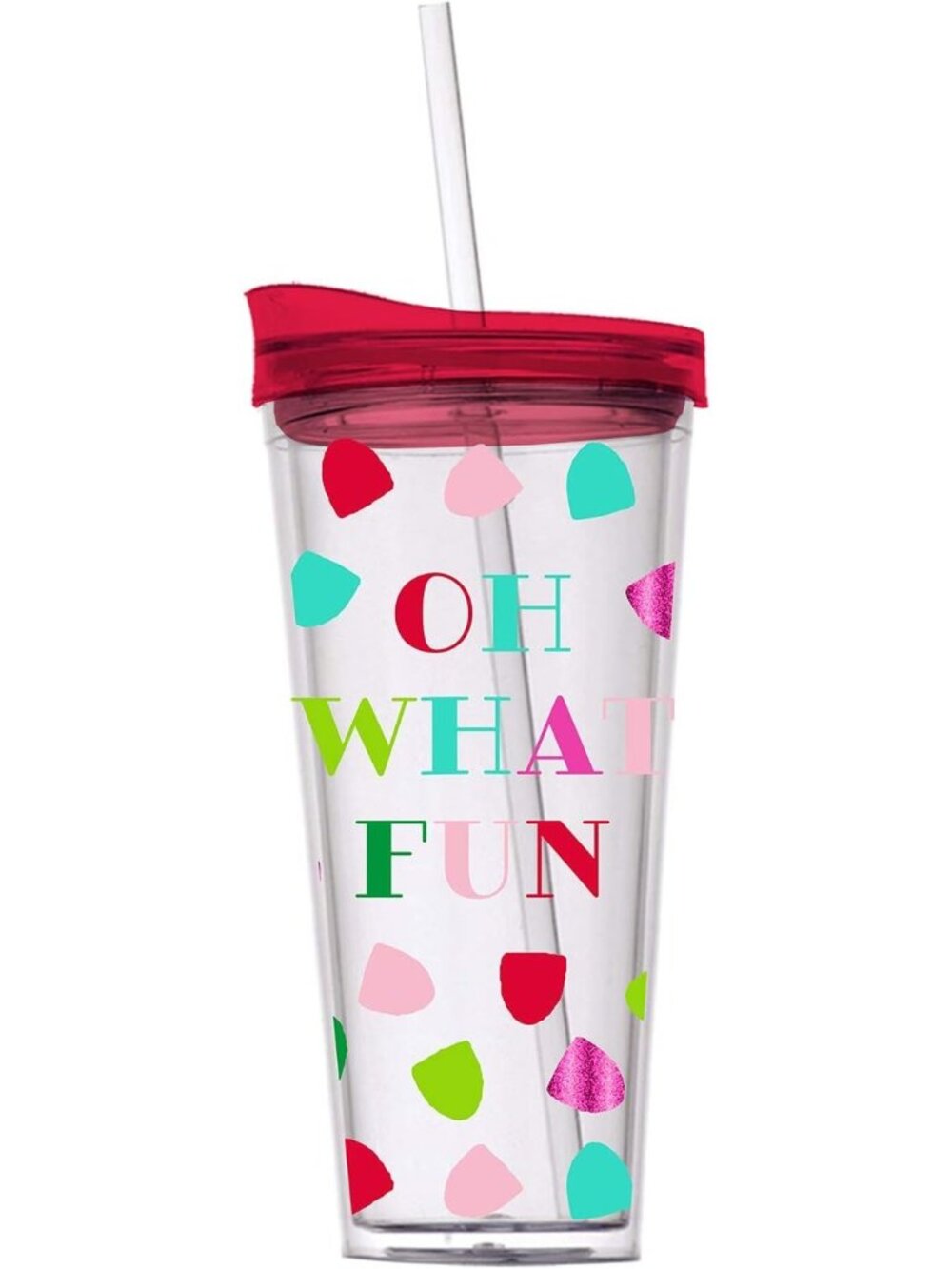 Oh What Fun Travel Tumbler With Straw 122Oz Red Lid Festive Polka Dot Design BPA